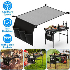 Hanging Storage Net for Camping Table – Under-Table Foldable Organizer with 3 Side Pockets & 4 Corner Clips, Tear-Resistant Mesh for Outdoor Camping, Hiking & Fishing (Fits 35.43x23.62in Tables)