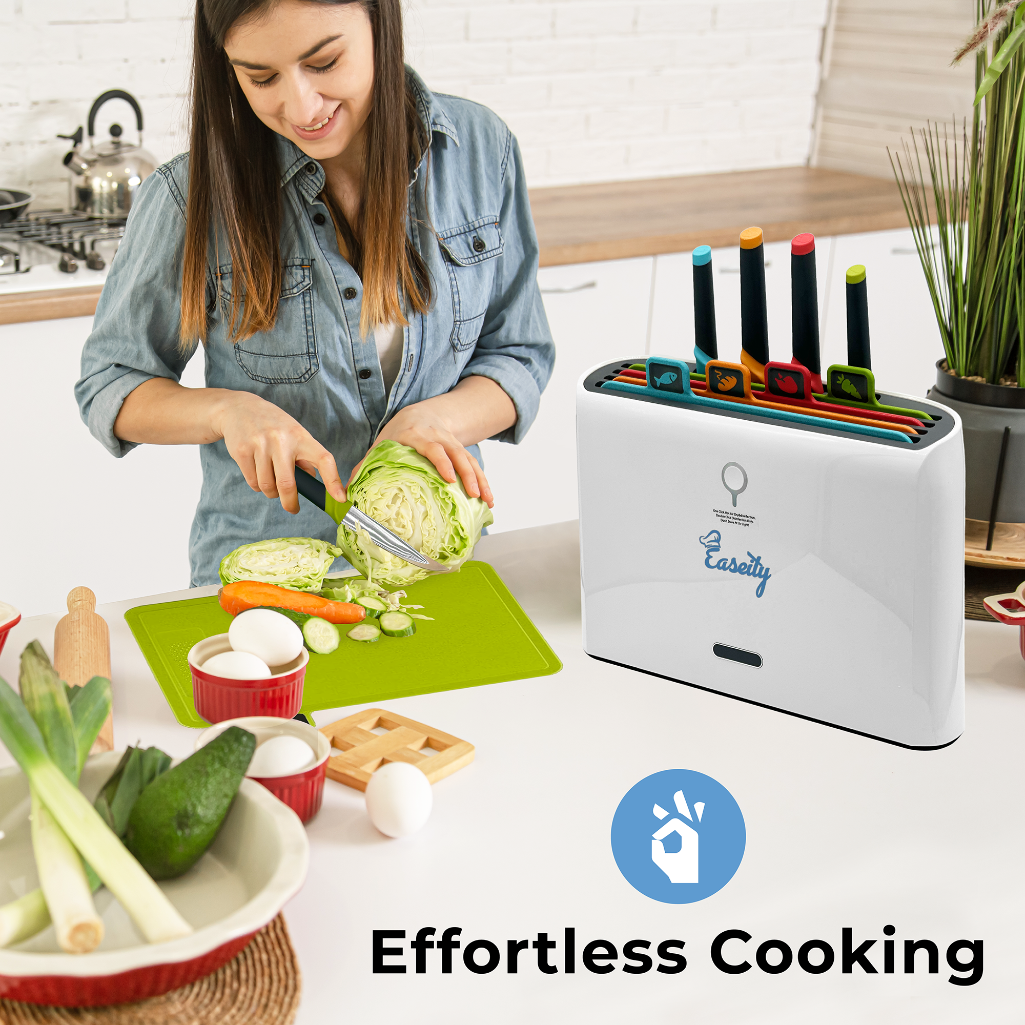 Easeity - Smart Knife Sterilizer & Cutting Board Set – 4 Knives + 4 Boards + UV Drying & Disinfection