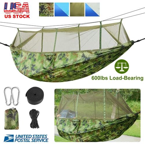 Durable 2-Person Camping Hammock with Mosquito Net 600lbs Load Capacity, Portable Nylon Swing with Carabiners & Storage Bag for Outdoor Adventures