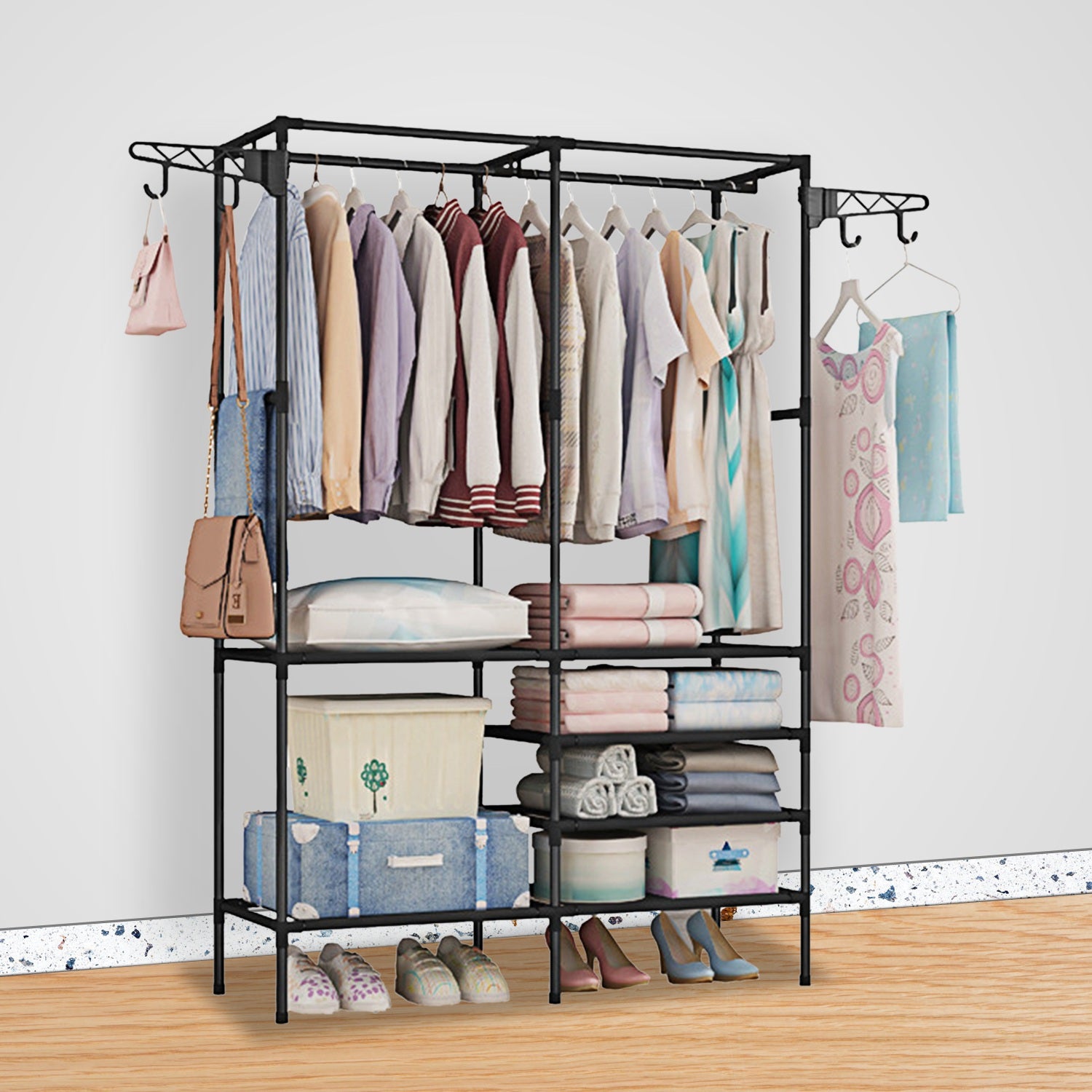 Multifunctional Metal Garment Rack with Shelves – Clothing and Shoe Organizer