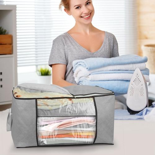 Set of 2 Large 90L Foldable Clothes Storage Bags - Durable Fabric with Clear Window, Dual Zippers, and Grey Color