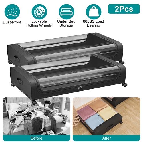 NewHome 2-Pack Rolling Under Bed Storage Containers with Clear Lids – 42L/11Gal Clothing Organizers for Easy Access and Space-Saving Boxes Bin