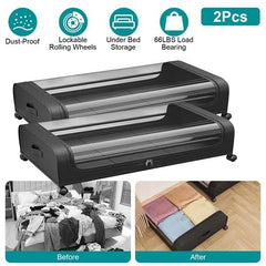 NewHome 2-Pack Rolling Under Bed Storage Containers with Clear Lids – 42L/11Gal Clothing Organizers for Easy Access and Space-Saving Boxes Bin