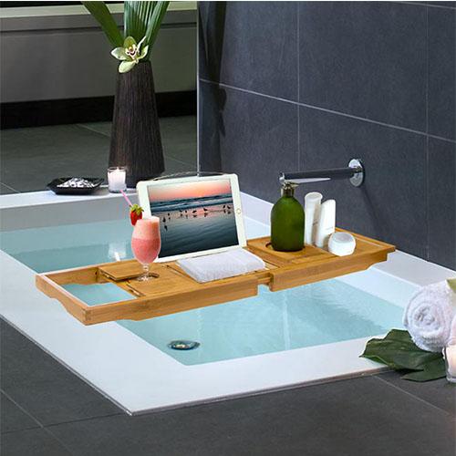 Bathtub Caddy Tray – Crafted Bamboo Bath Tray with Extendable Reading Rack, Tablet & Phone Holder, Wine Glass Holder, and Shelf for Bathroom Spa