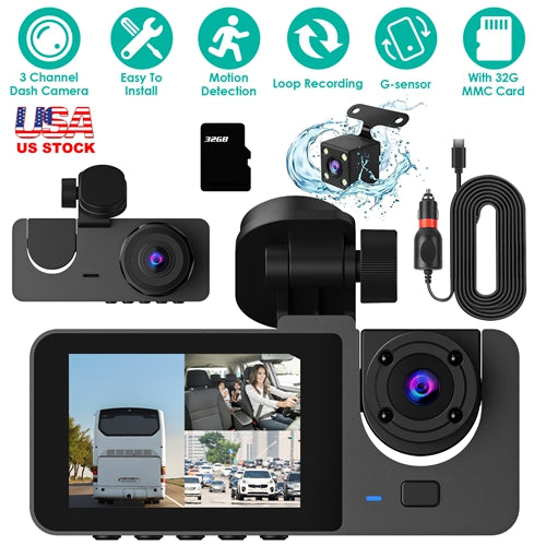 3-Channel Dash Cam with Front, Inside & Rear Cameras – 1080P Car DVR, G-Sensor, Motion Detection, Parking Monitor, Loop Recording – Includes 32GB Card