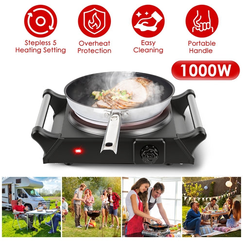 1000W Electric Single Burner Hot Plate – Portable Countertop Stove with 5 Stepless Temperature Adjustments & Handles