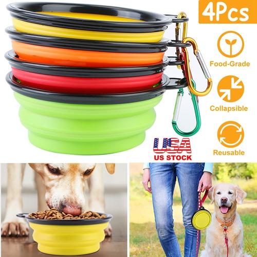 4-Pack Silicone Collapsible Dog Bowls – BPA-Free Foldable Travel Bowls with Carabiner Clip for Dogs & Cats