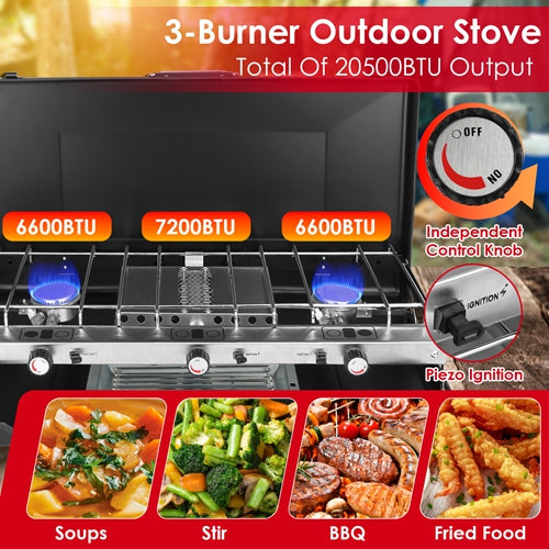 3-Burner Portable Propane Camping Stove – 20,000 BTU Foldable Gas Grill with Windshield & Toast Tray for Outdoor Cooking, RV, and BBQ