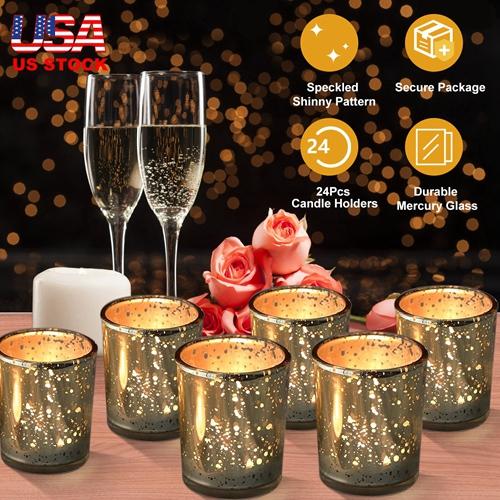 24 Pcs Gold Mercury Glass Votive Candle Holders – Shiny Tealight Holders for Wedding, Birthday Party, and Home Decoration Table Centerpieces Set Ornaments