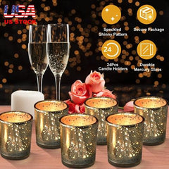 24 Pcs Gold Mercury Glass Votive Candle Holders – Shiny Tealight Holders for Wedding, Birthday Party, and Home Decoration Table Centerpieces Set Ornaments