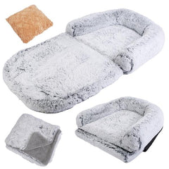 Large Foldable Human-Sized Dog Bed with Pillow & Blanket – Plush Flurry Napping Bed for Pets & Kids – Machine Washable with Zipped Removable Cover