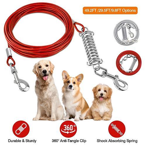 29.5FT Chew-Proof Dog Tie-Out Cable with Spring – Heavy-Duty Outdoor Dog Leash with 360° Rotating Clips & PVC Coating for Yard, Camping, or Travel