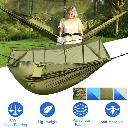 Durable 2-Person Camping Hammock with Mosquito Net 600lbs Load Capacity, Portable Nylon Swing with Carabiners & Storage Bag for Outdoor Adventures