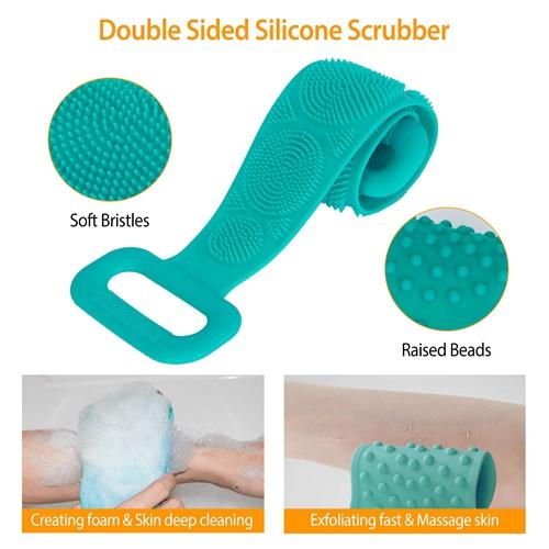Silicone Back Scrubber Belt for Shower – Exfoliating Body Wash Strap with Massage Dots, Bristles, and Adhesive Hook Bath Brush
