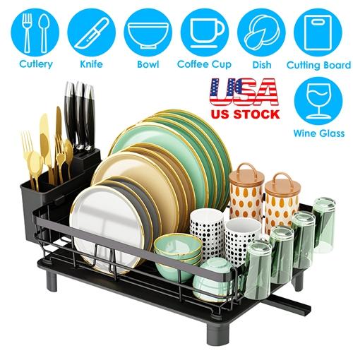 NewHome Dish Drying Rack with Drain Board – Utensil Holder & Tableware Organizer – Kitchen Countertop Storage Shelf & Drainer Stainless Accessory