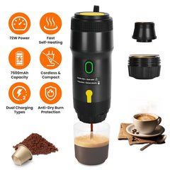 NewHome Portable Electric Espresso Machine – Cordless Self-Heating Coffee Maker for Car & Travel, Compatible with Ground Coffee, NS & DG Capsules