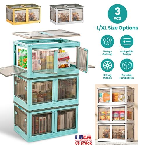 3-Pack Foldable Storage Bins with Lids – 4-Door Collapsible Closet Organizer Boxes with Locks and 4 Wheels – Stackable Storage Containers for Home & Office Green