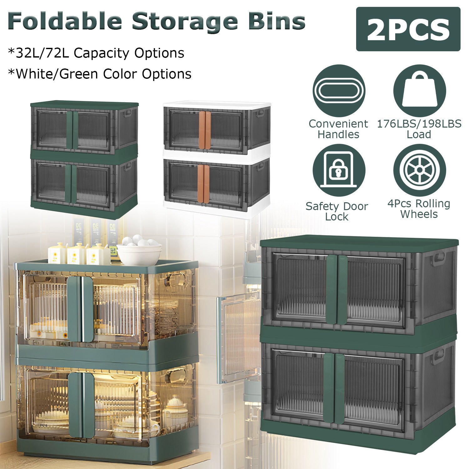 2PCS Foldable Storage Bins with Lids, Stackable Closet Organizer with Front Door Locks & Wheels