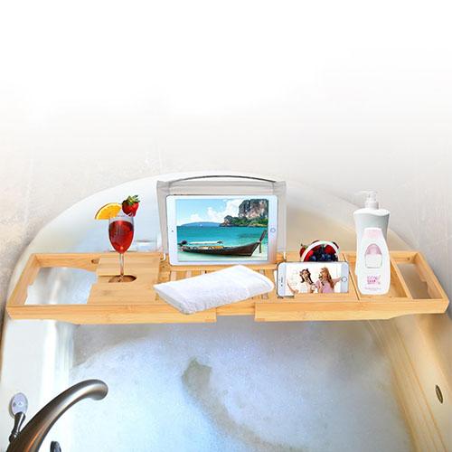 Bathtub Caddy Tray – Crafted Bamboo Bath Tray with Extendable Reading Rack, Tablet & Phone Holder, Wine Glass Holder, and Shelf for Bathroom Spa