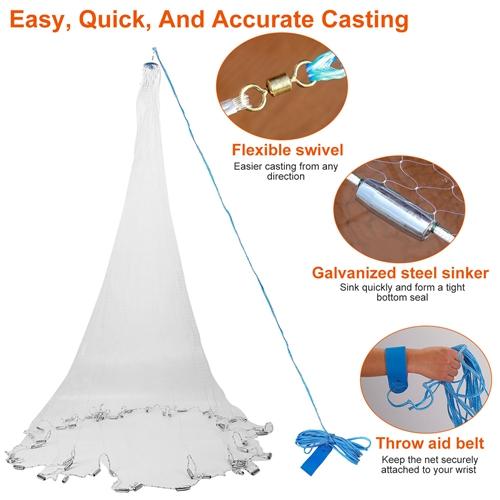 8FT Radius Fishing Cast Net – Easy Throw Bait Trap with Chain Sinker, Heavy-Duty Hand Cast Net