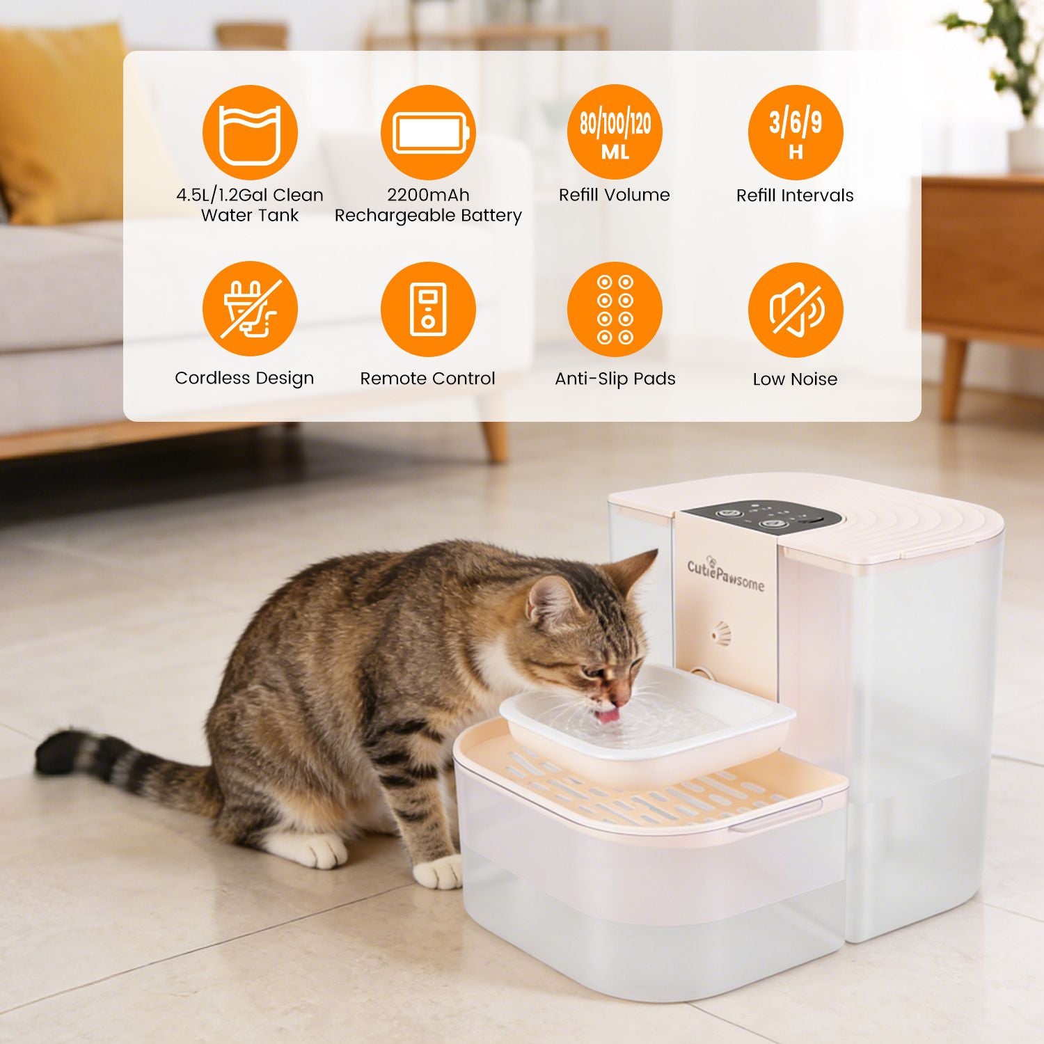 Smart Automatic Pet Water Fountain, 4.5L Rechargeable