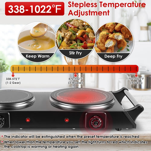 1800W Electric Double Burner Hot Plate – Portable Countertop Stove with 5 Stepless Temperature Adjustments & Handles