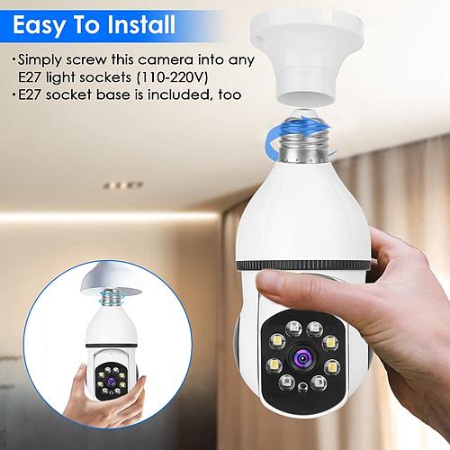 E27 WiFi Smart Bulb Camera 1080P FHD with Pan & Tilt, Two-Way Audio, Full Color Night Vision, Motion Tracking & Flood Light – Smart Security Surveillance