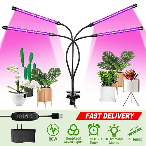 80W Plant Grow Light for Indoor Use – Full Spectrum LED with Timer, Gooseneck Arms, and 10 Dimmable Settings