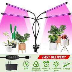 80W Plant Grow Light for Indoor Use – Full Spectrum LED with Timer, Gooseneck Arms, and 10 Dimmable Settings