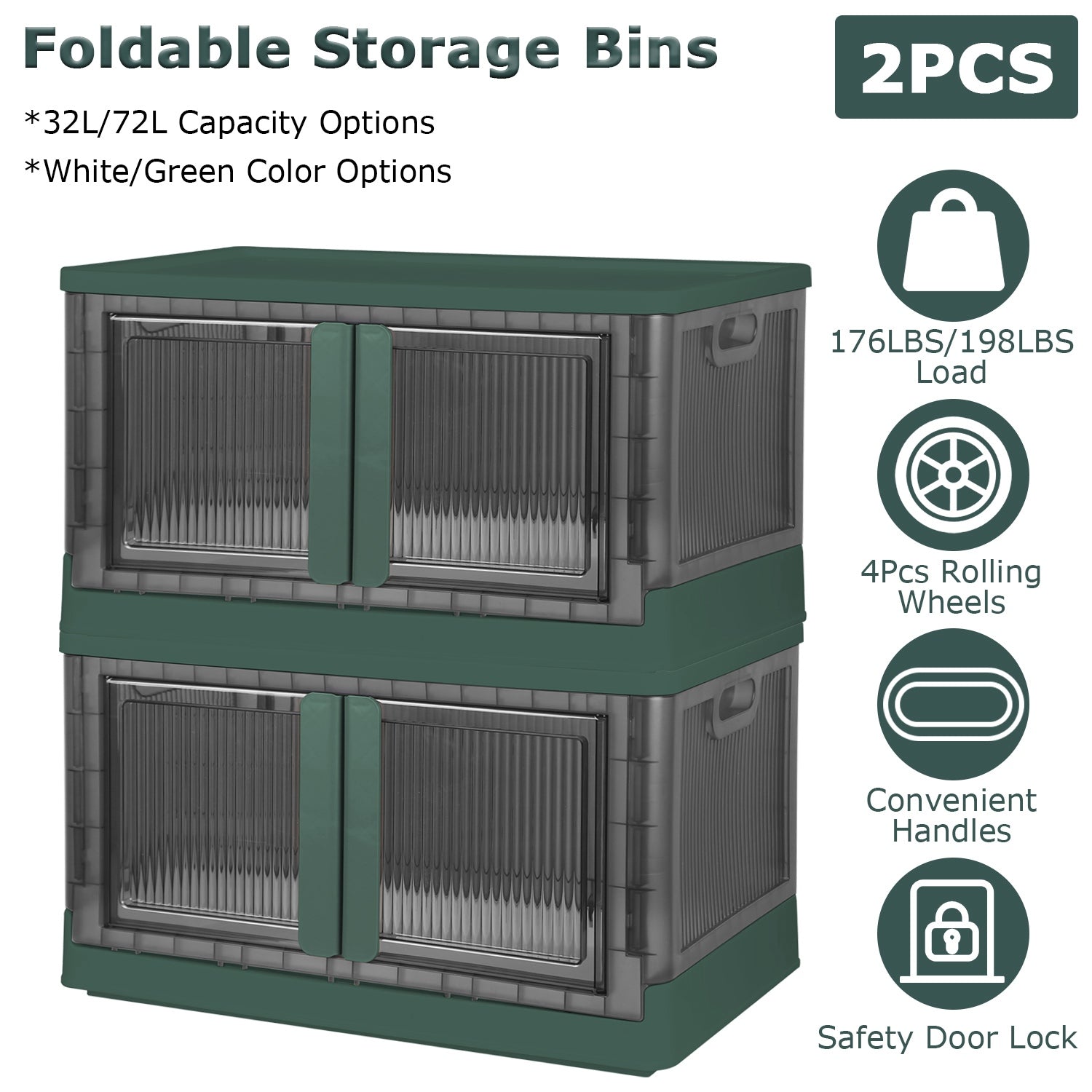 2PCS Foldable Storage Bins with Lids, Stackable Closet Organizer with Front Door Locks & Wheels