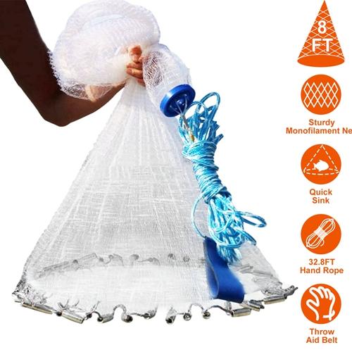 8FT Radius Fishing Cast Net – Easy Throw Bait Trap with Chain Sinker, Heavy-Duty Hand Cast Net