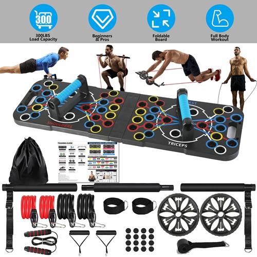 Multifunctional Push Up Board – Home Strength Training Equipment with 15 Fitness Accessories, Pilates Bar, Resistance Band, Roller Wheel for Full Body Workout