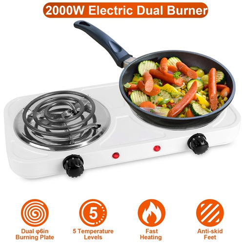 2000W Dual Coil Electric Hot Plate – Portable Countertop Stove with 5-Level Temperature Control & Non-Slip Feet – Ideal for RV, Dorm, or Kitchen Use