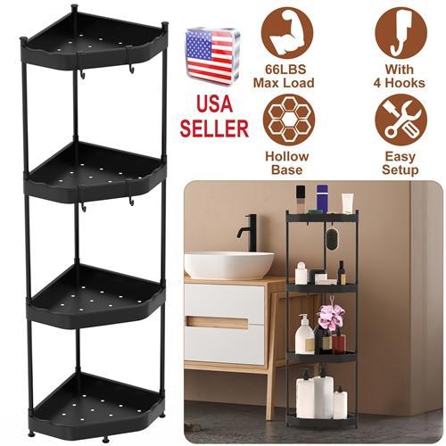 4-Tier Corner Shower Caddy Floor Stand - Carbon Steel Bathroom Storage Rack with 4 Hooks for Bathtub Organization Organiser Standing