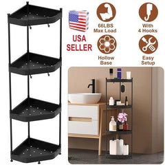 4-Tier Corner Shower Caddy Floor Stand - Carbon Steel Bathroom Storage Rack with 4 Hooks for Bathtub Organization Organiser Standing