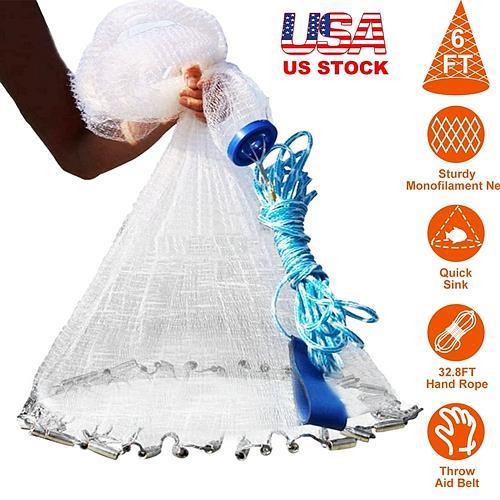 6ft Radius Fishing Cast Net – Easy Throw Hand Cast Net with Heavy Duty Chain Sinker Bottom for Bait Trap and Wide Spread