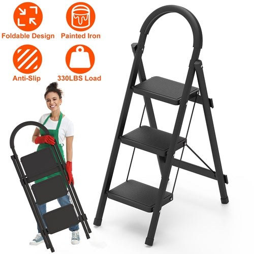 NewHome 3-Step Foldable Ladder – Heavy Duty 330 lbs Step Stool with Wide Anti-Slip Pedals, Safety Lock & Soft Grip Handle | Lightweight Portable Folding Ladder for Home & Kitchen