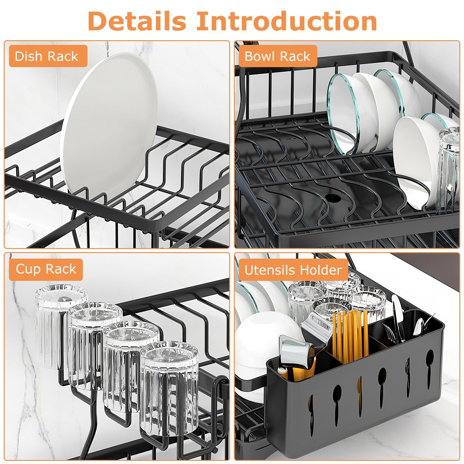 Dish Drying Rack with Drainboard - 2-Tier Detachable Organizer for Kitchen Counter