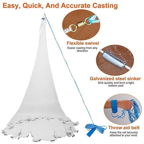 6ft Radius Fishing Cast Net – Easy Throw Hand Cast Net with Heavy Duty Chain Sinker Bottom for Bait Trap and Wide Spread
