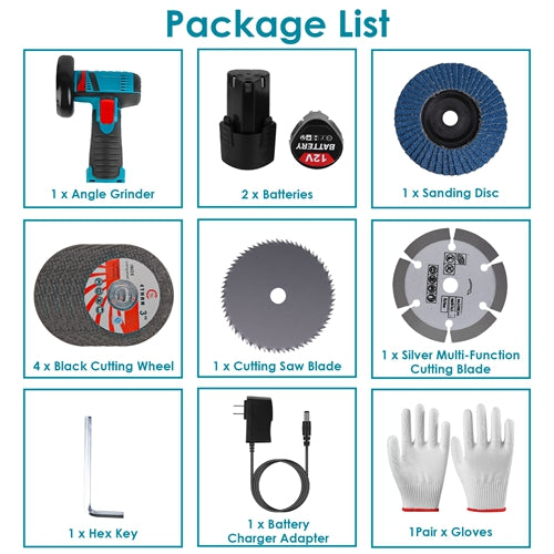 12V Cordless Angle Grinder Kit – Mini Polishing and Grinding Tool with 7 Discs, 2×1100mAh Batteries & Charger