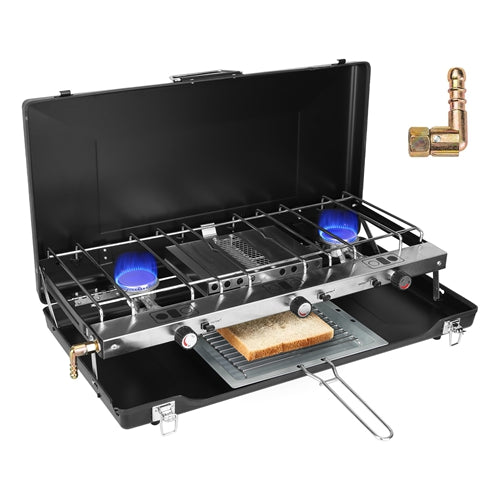 3-Burner Portable Propane Camping Stove – 20,000 BTU Foldable Gas Grill with Windshield & Toast Tray for Outdoor Cooking, RV, and BBQ