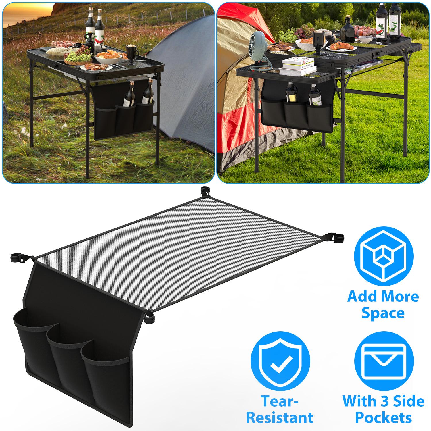 Hanging Storage Net for Camping Table – Under-Table Foldable Organizer with 3 Side Pockets & 4 Corner Clips, Tear-Resistant Mesh for Outdoor Camping, Hiking & Fishing (Fits 35.43x23.62in Tables)
