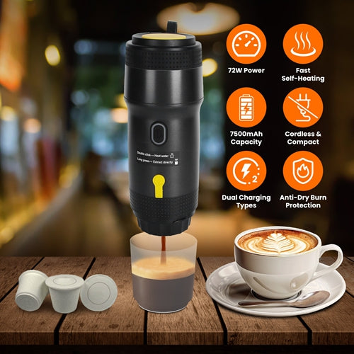 NewHome Portable Electric Espresso Machine – Cordless Self-Heating Coffee Maker for Car & Travel, Compatible with Ground Coffee, NS & DG Capsules