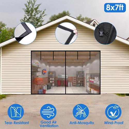 8x7FT Magnetic Garage Door Screen – Heavy-Duty Fiberglass Mesh with Magnetic Closure & Buckle Straps for Single-Car Garages