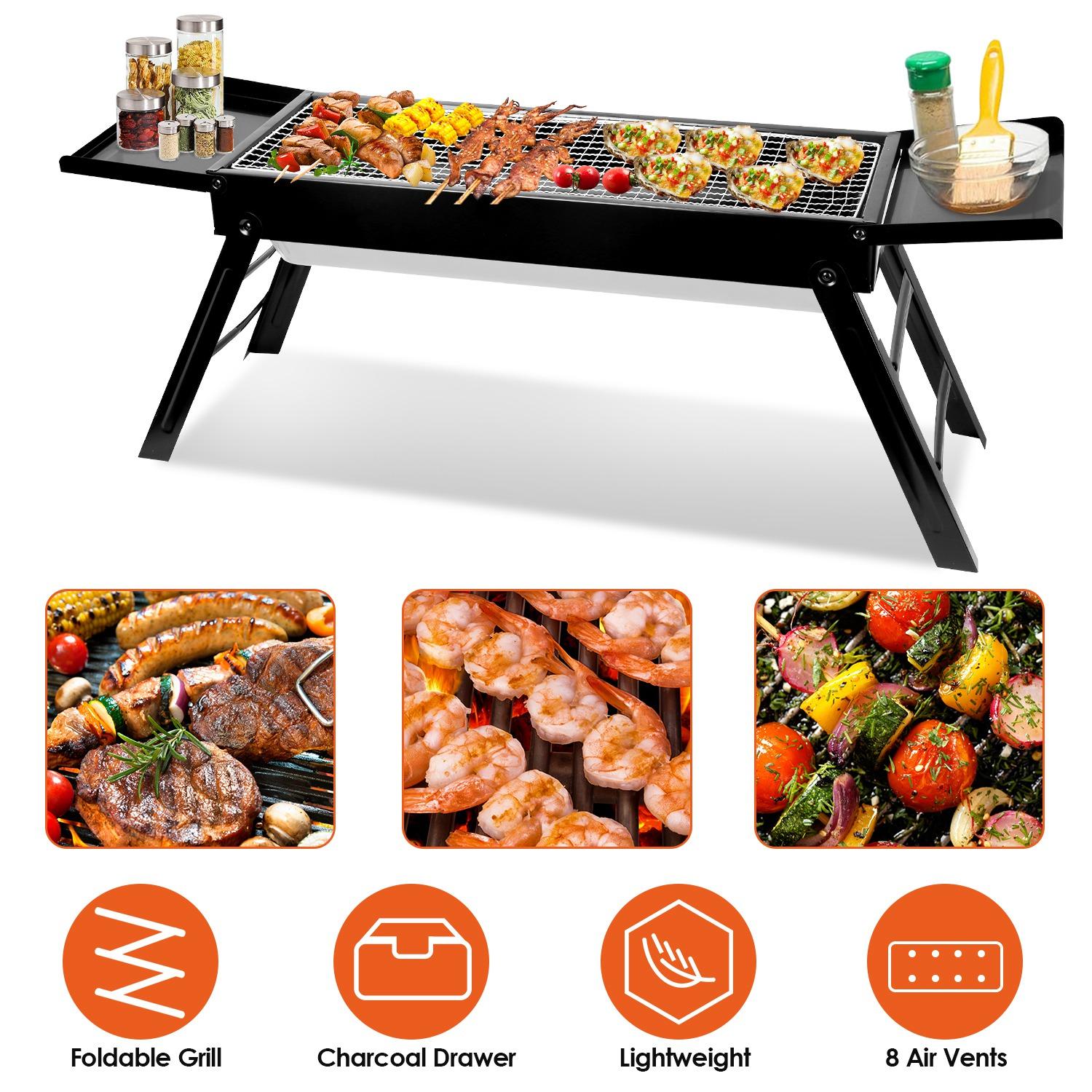 Portable Foldable Charcoal BBQ Grill – Stainless Steel with Shelf, Easy Setup for Camping, Picnics, Outdoor Parties, and Backyard Fun! Ash Beach