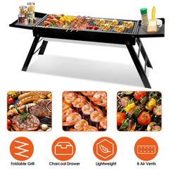 Portable Foldable Charcoal BBQ Grill – Stainless Steel with Shelf, Easy Setup for Camping, Picnics, Outdoor Parties, and Backyard Fun! Ash Beach