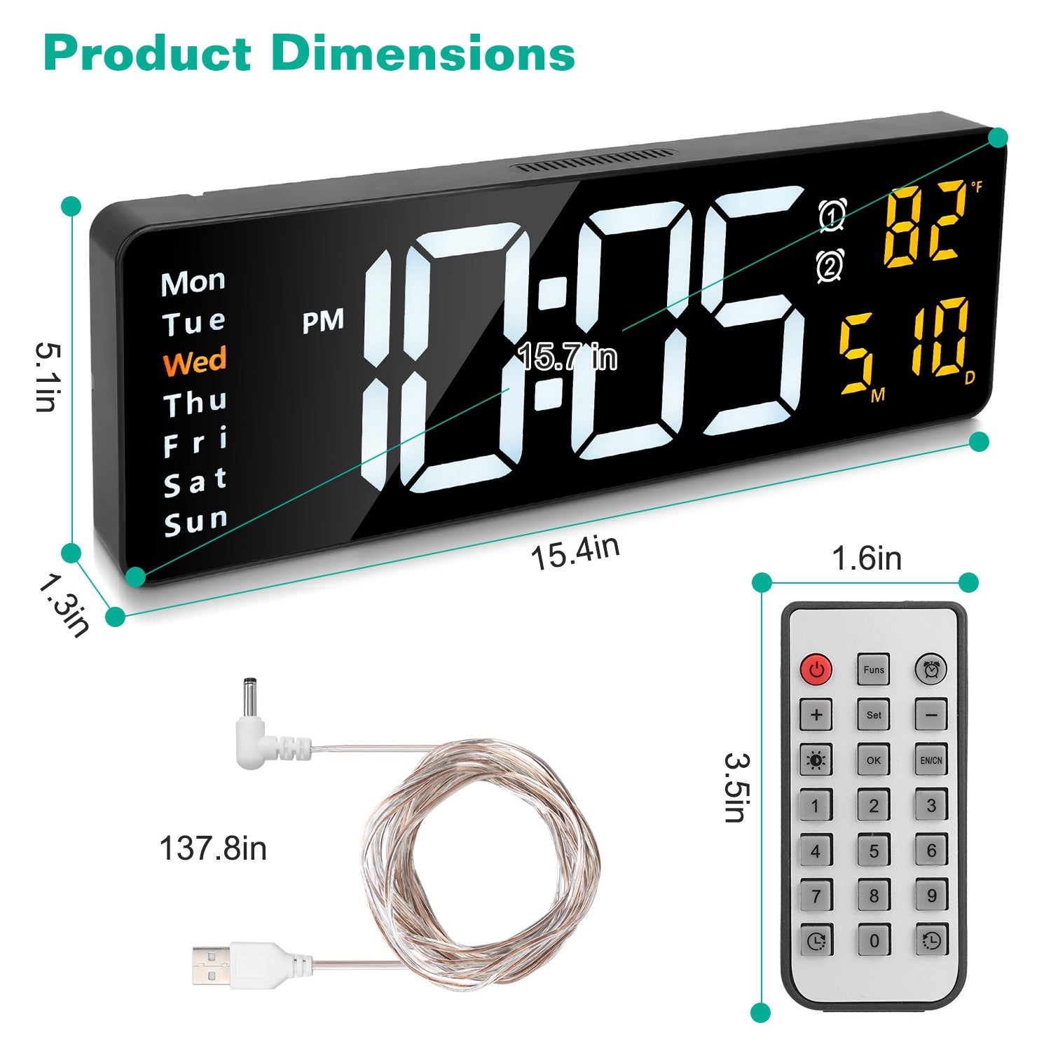 15.7in LED Digital Wall Clock with Remote, Adjustable Brightness, Alarms & Temperature Display