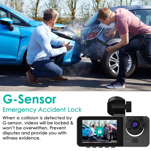 3-Channel Dash Cam with Front, Inside & Rear Cameras – 1080P Car DVR, G-Sensor, Motion Detection, Parking Monitor, Loop Recording – Includes 32GB Card