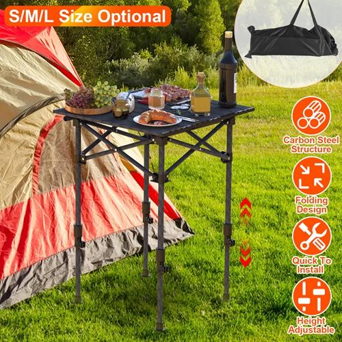 Ultra-Sturdy Folding Camping Table – Adjustable Height, Roll-Up Top, Rustproof Steel, 55LBS Load