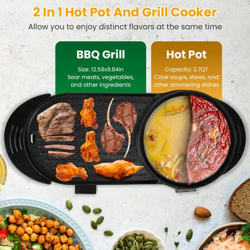 2200W 2-in-1 Korean BBQ Grill & Shabu Shabu Hot Pot – Independent Temperature Control, Smokeless